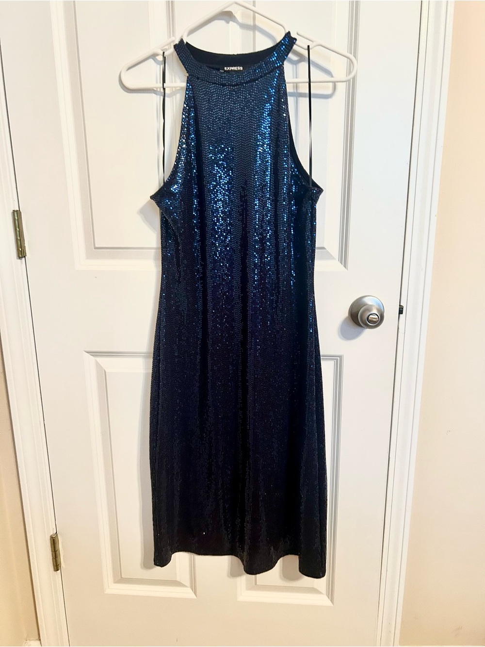 Express Navy Sequin Halter Cocktail Dress